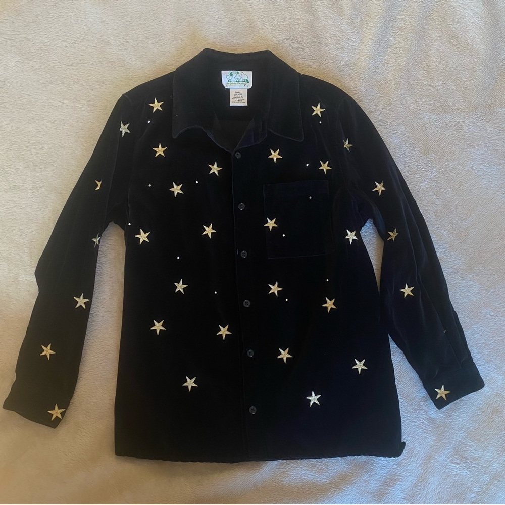 Vintage 80s Quacker Factory Embellished Velvet Shirt Embroidered with Stars
